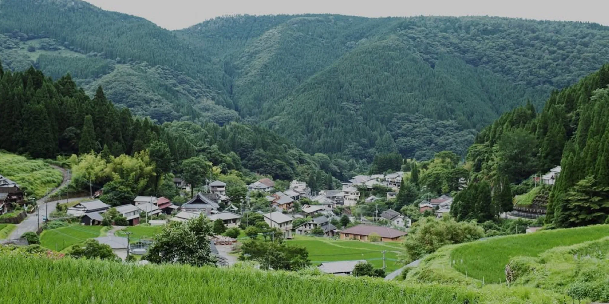 緑の山々に抱かれた湯平の町並み